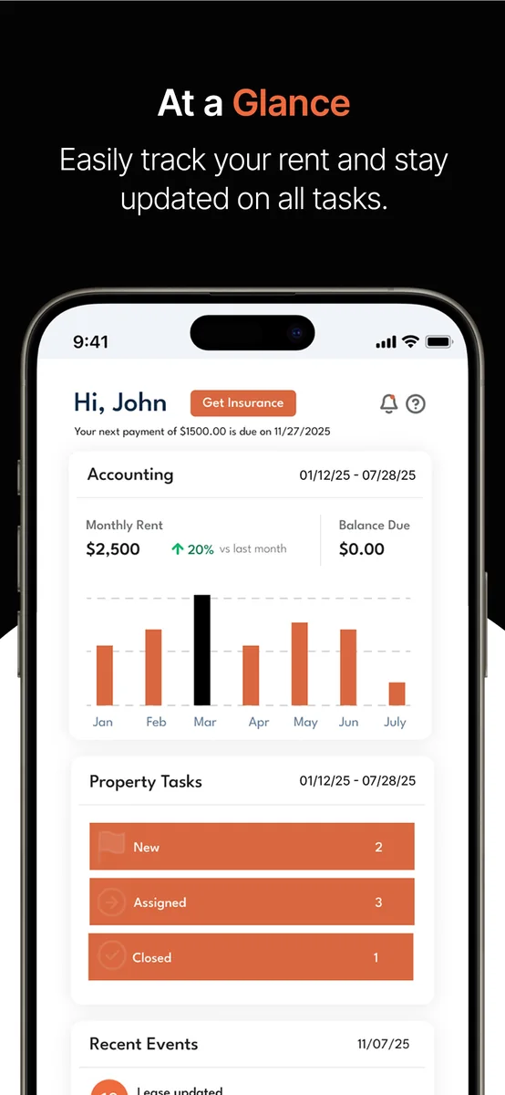 Tenant dashboard with rent and tasks
